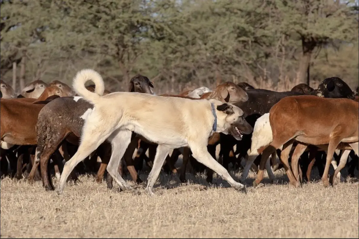 A livestock guardian dog walks with a herd of goats through dry bush