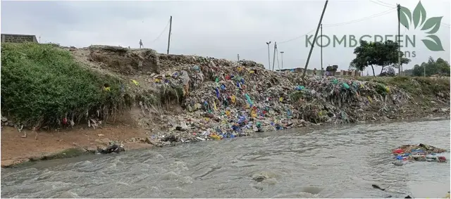 Plastic waste piled along the bank of the Nairobi River in Korogocho