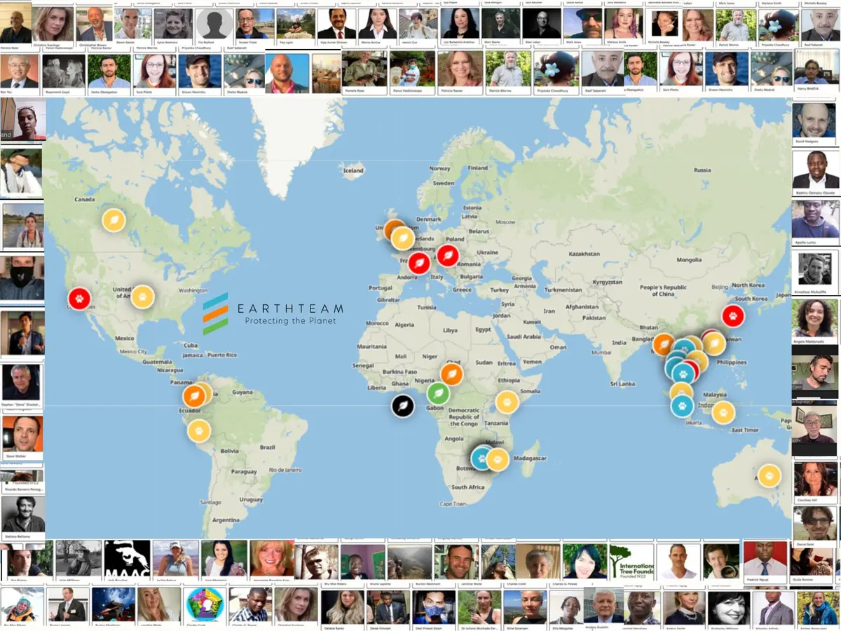 World map with EarthTeam member locations in 20+ countries, framed by member portraits